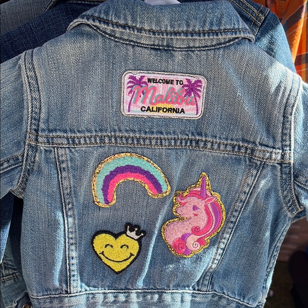 GAP Blue Jean Jacket with Colorful Patches and Unique Designs